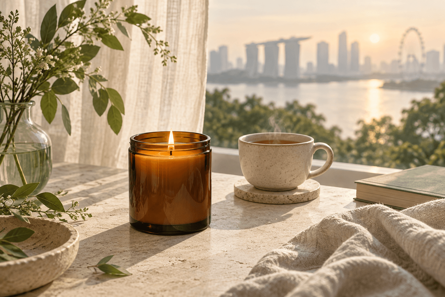 An amber candle, tea and greenery in soft morning light