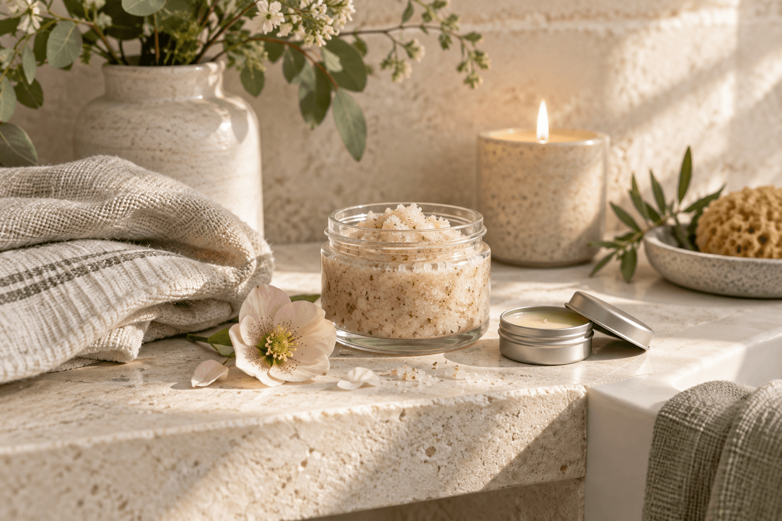 Lip balm and body scrub on a calm bathroom shelf