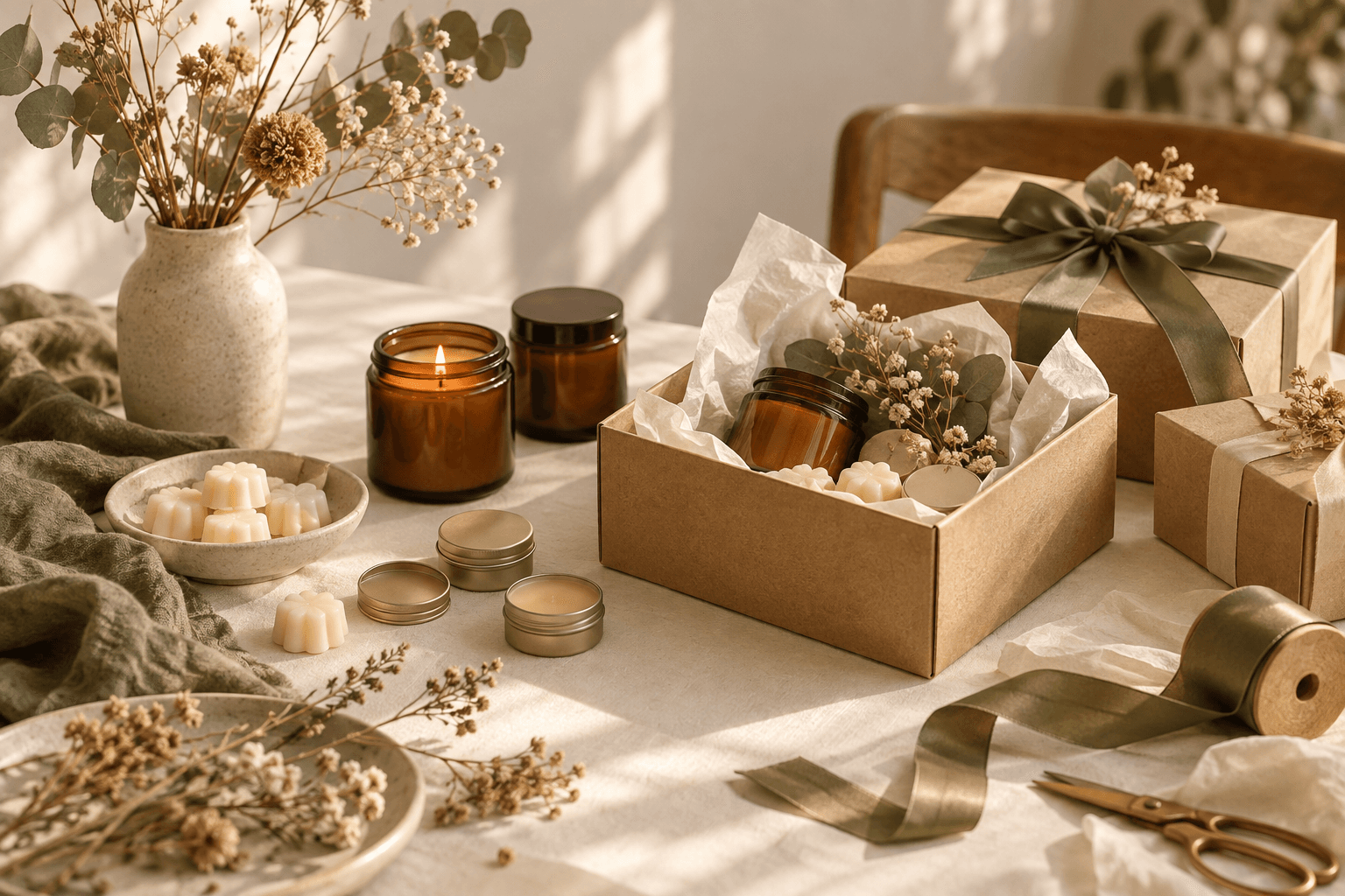 Handmade gifts with linen, ribbon, and botanical wrapping