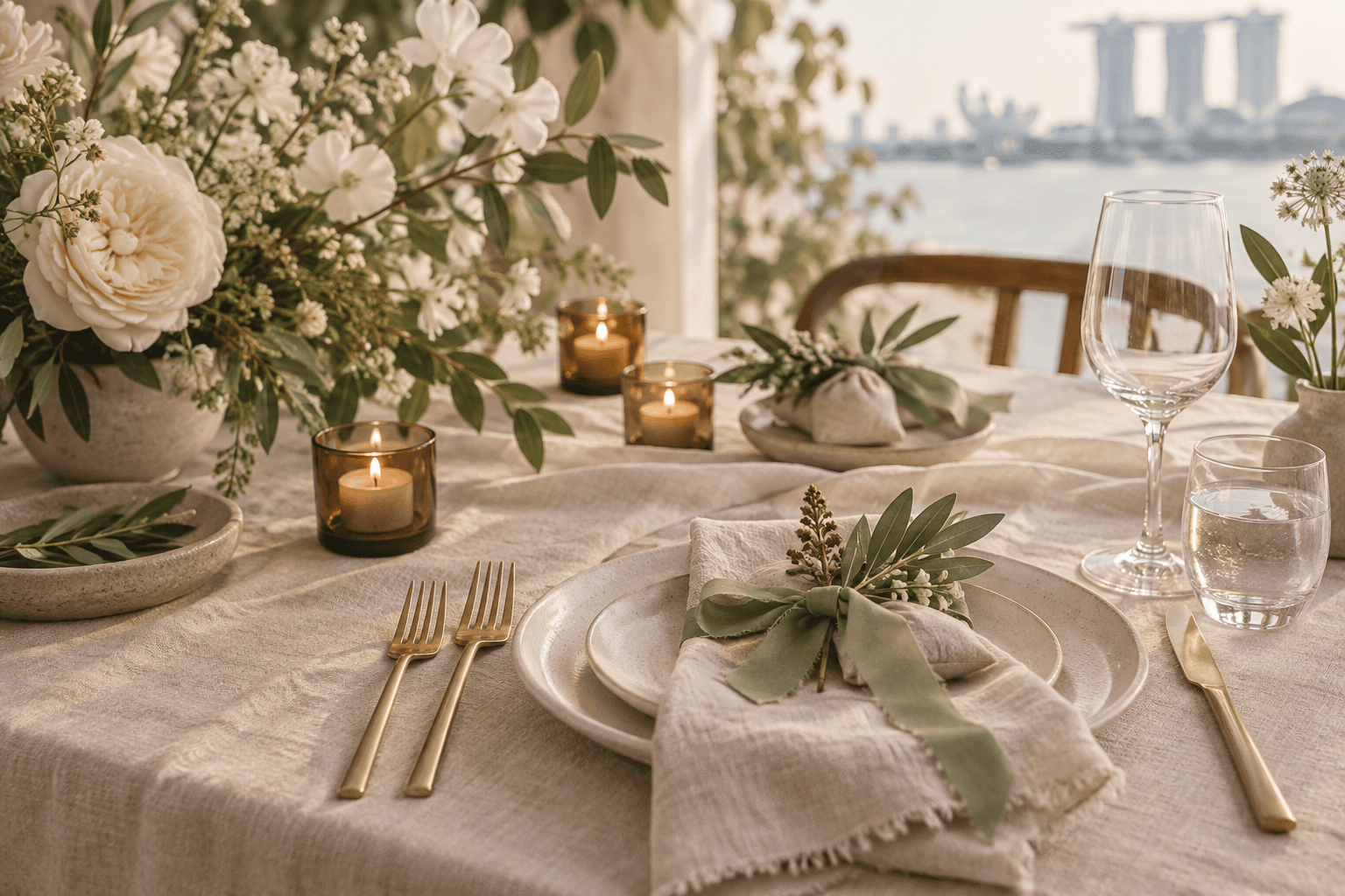 Candles and botanical wedding favours on a linen table setting